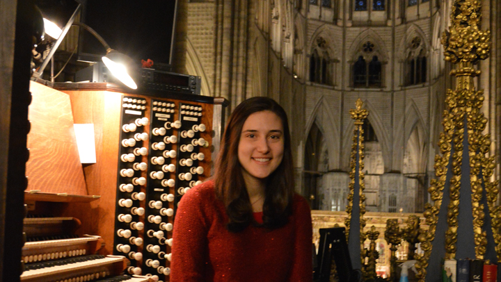Karen sitting at the organ in Westminster Abbey